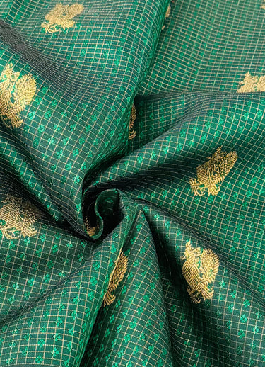Exclusive Kanchivaram Pure Silk Pure Zari Silk Saree | Deep Green | Check Pattern | Handwoven | Ships from California